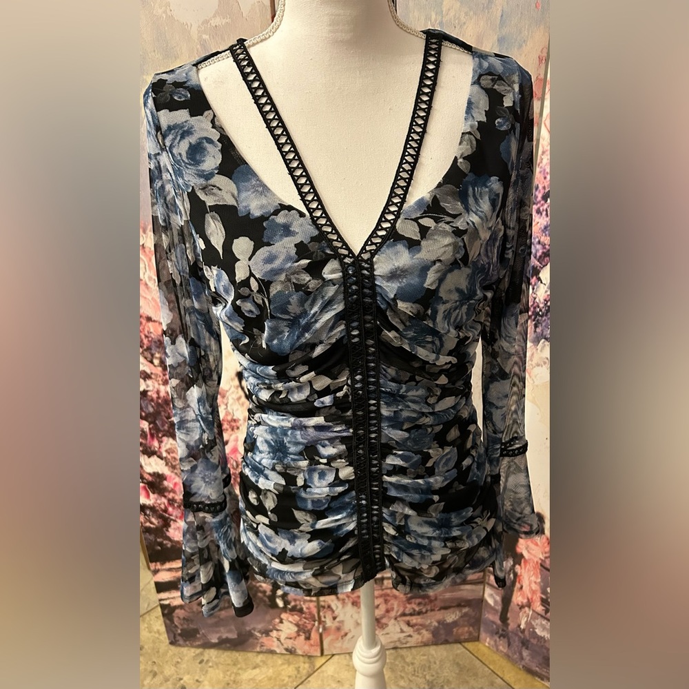 Venus - Floral Mesh Ruched w/ Strap Neckline Top. Size L